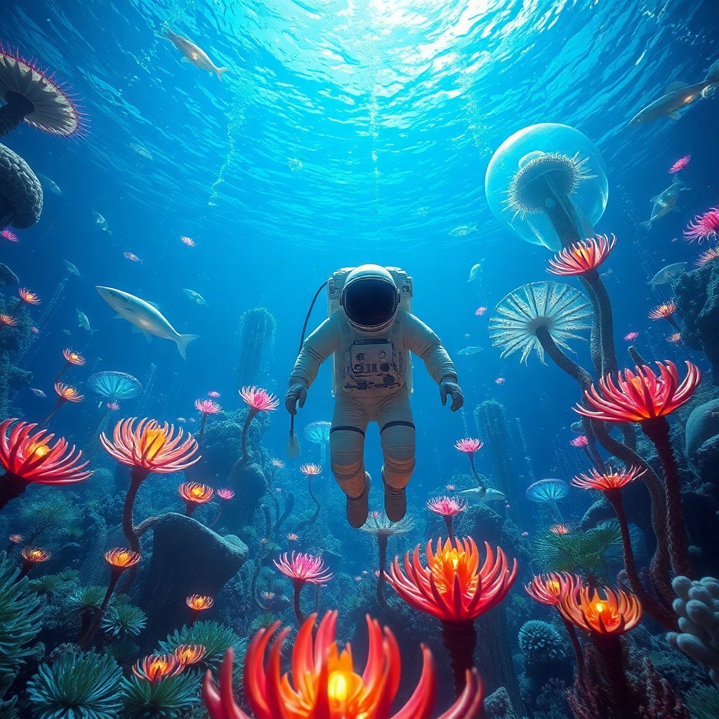 AI generated art for prompt: A surreal digital artwork portraying an astronaut venturing through an enigmatic underwater realm te