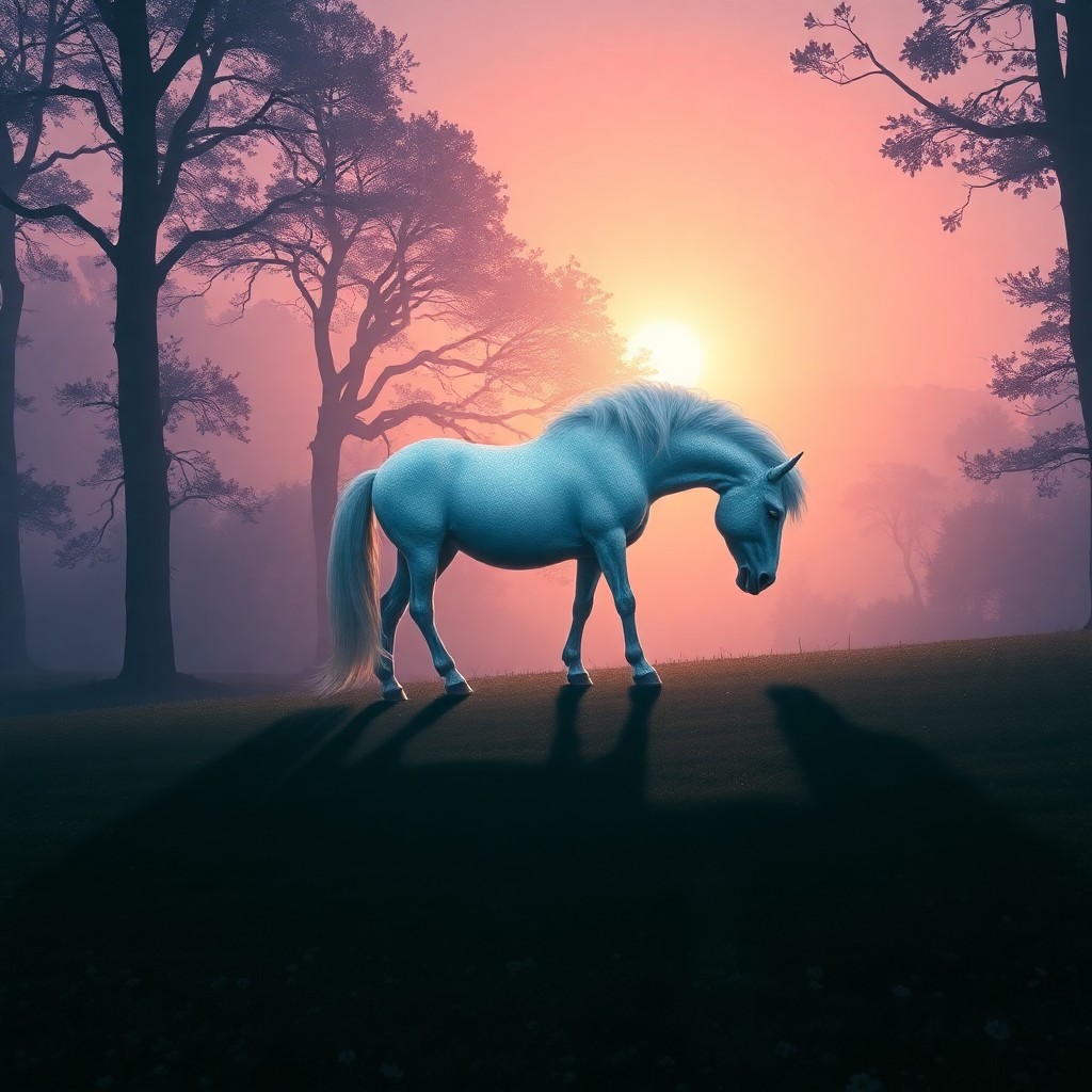 AI generated art for prompt: A mesmerizing digital art scene portraying an enchanting unicorn peacefully grazing amidst a foggy f