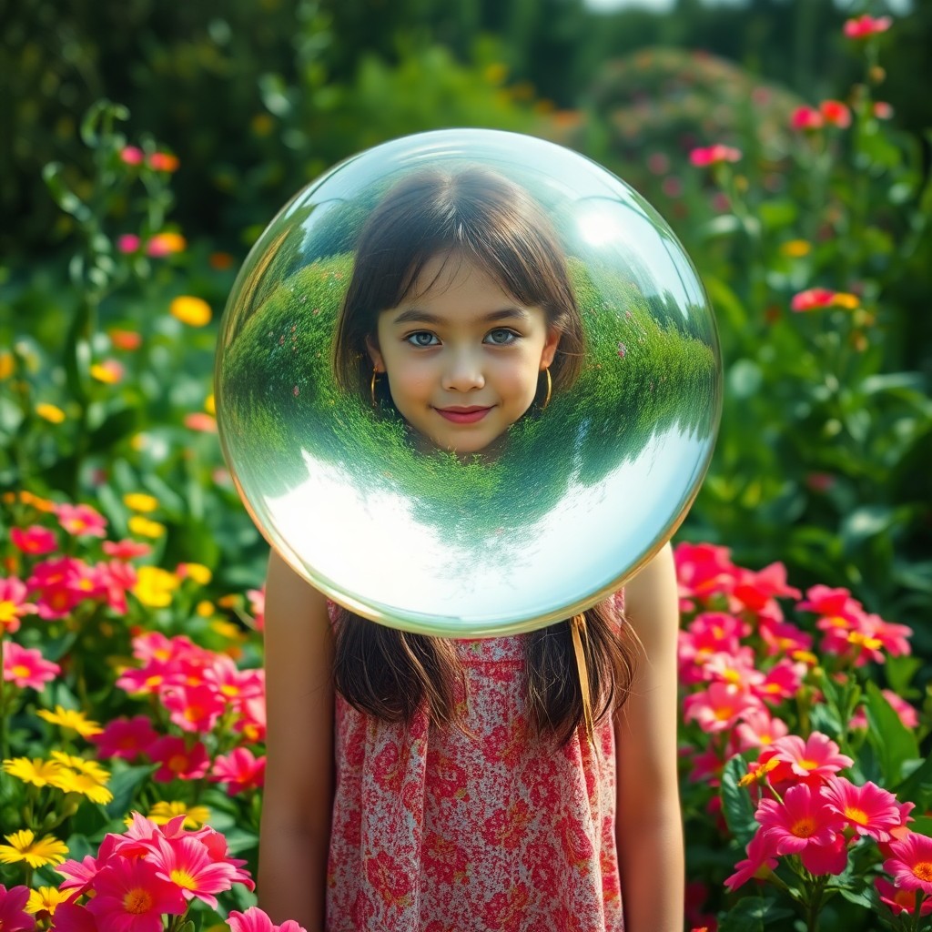 AI generated art for prompt: A girl stands in a verdant garden teeming with vivid flora, her view obstructed by an enigmatic, ref