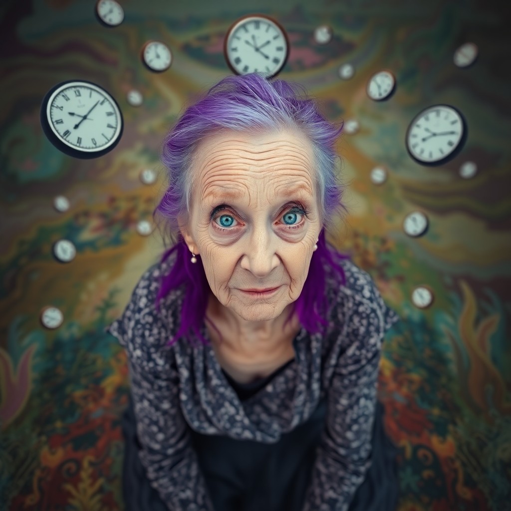 AI generated art for prompt: A surrealistic portrait captures an elderly woman with vivid purple hair, her eyes reflecting a mix 