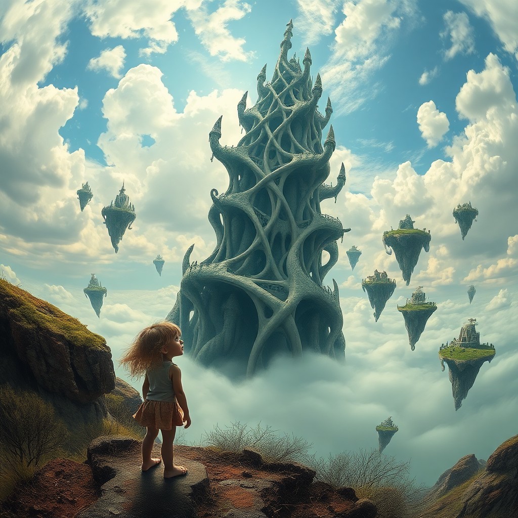 AI generated art for prompt: An enigmatic dream landscape is captured in this whimsical scene, where an intricate tower with dist