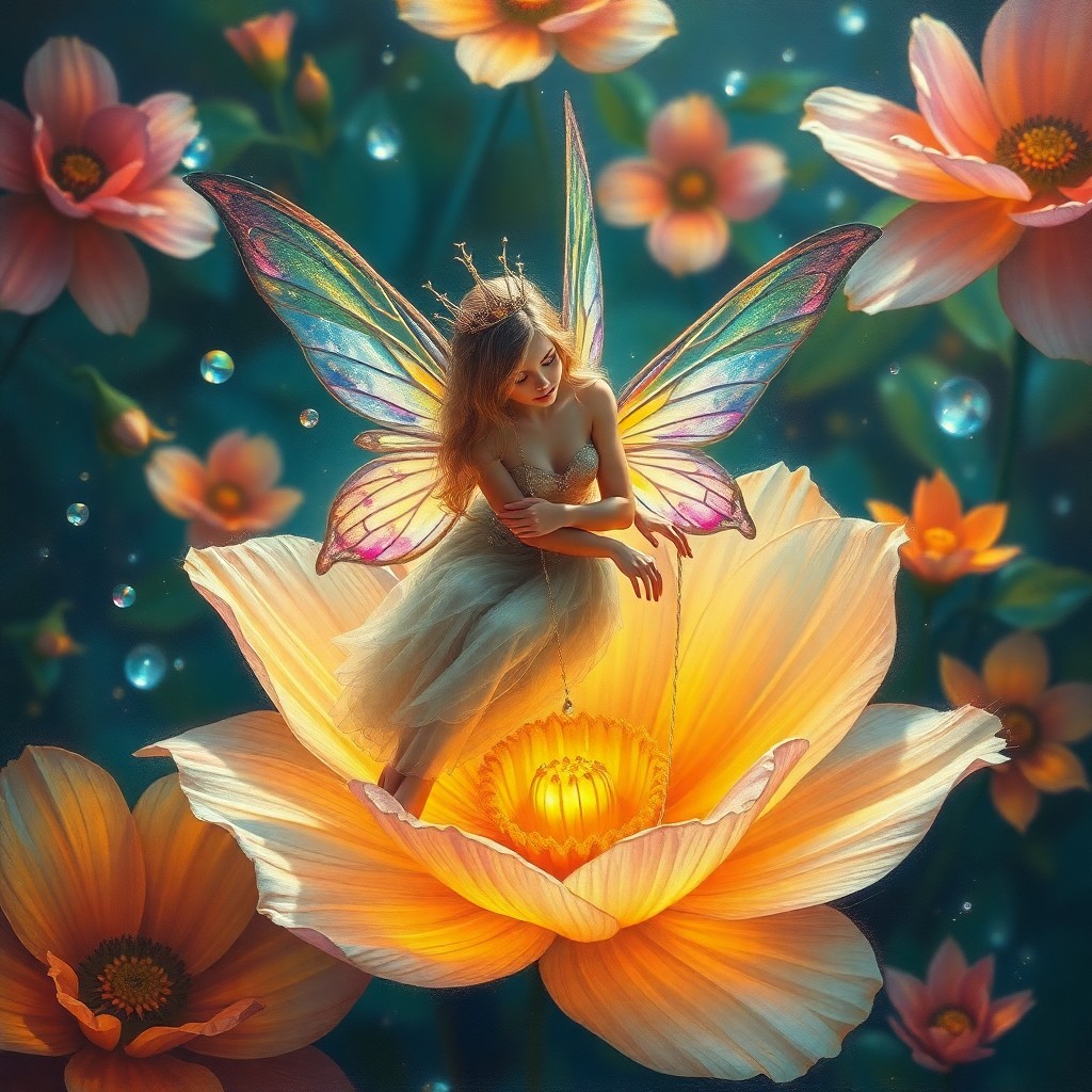 AI generated art for prompt: A mesmerizing oil painting showcases an enchanting celestial fairy queen gracefully perched on a glo