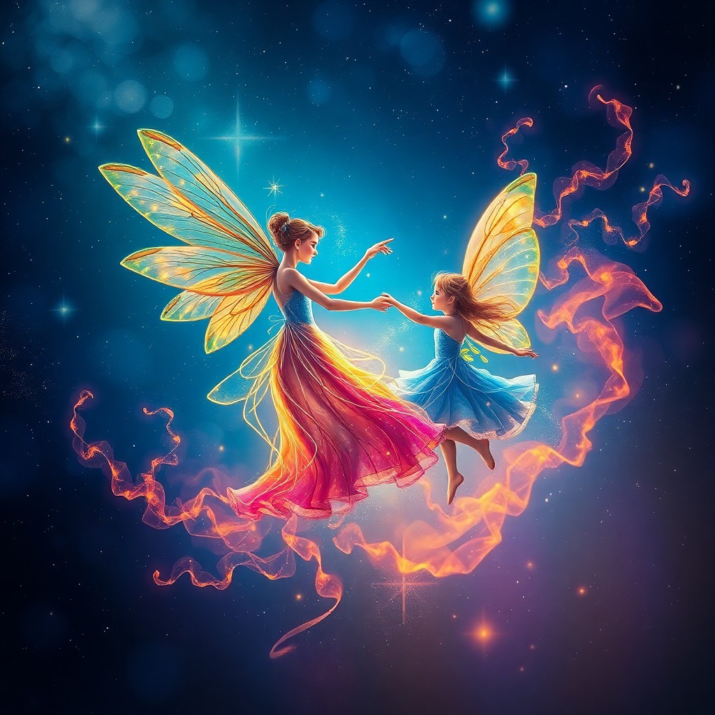 AI generated art for prompt: A mesmerizing digital artwork depicting an enchanting dance between two ethereal beings - a graceful