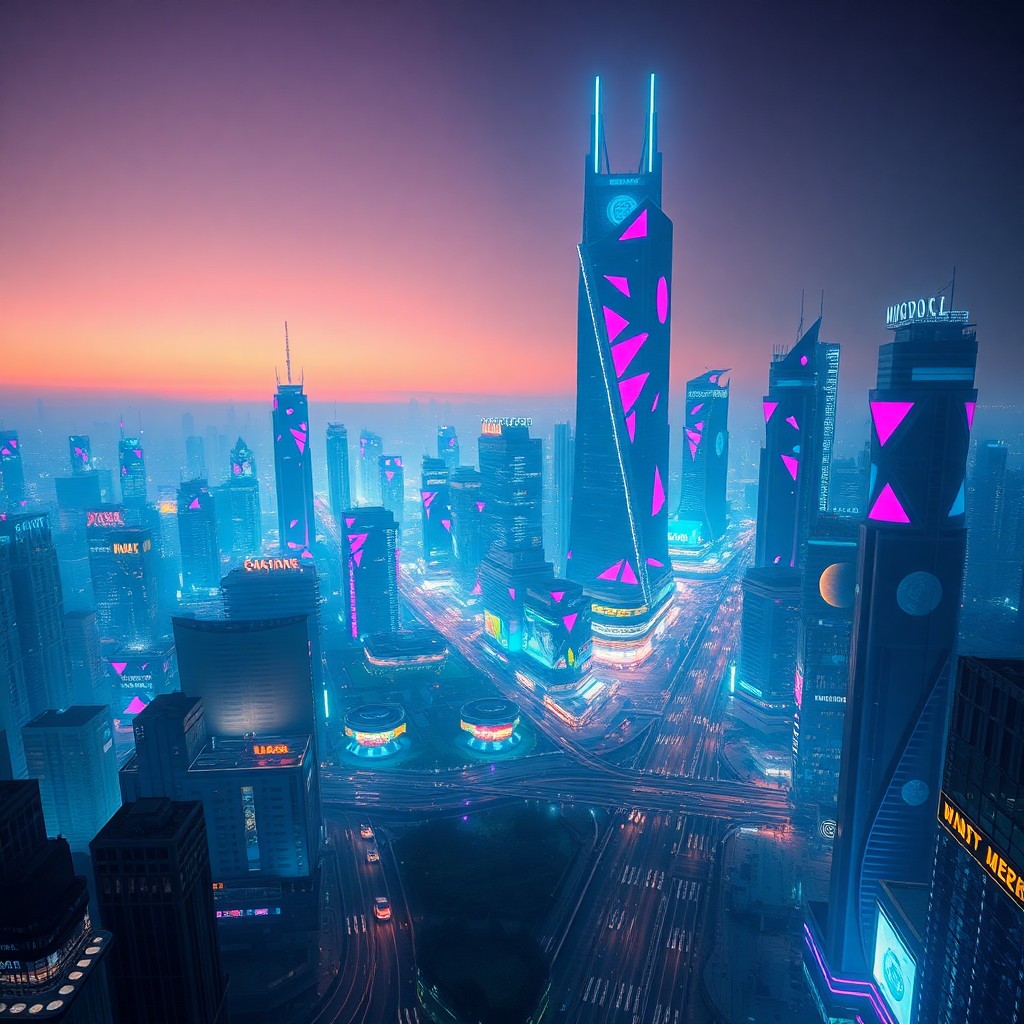 AI generated art for prompt: A surreal digital artwork depicting a bustling futuristic cityscape at night, with towering skyscrap