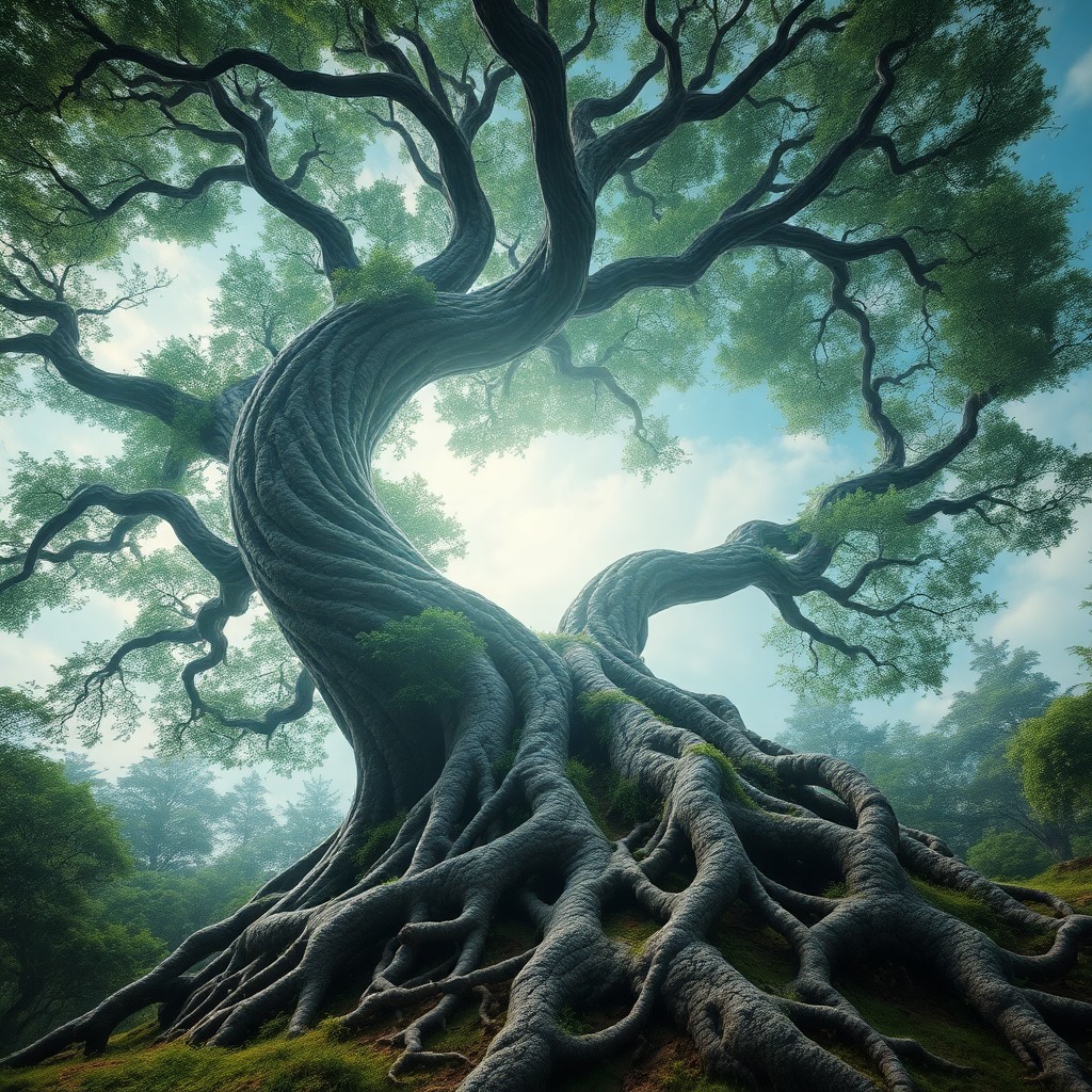 AI generated art for prompt: An enchanting digital art composition portrays an immense tree with gnarled roots extending towards 