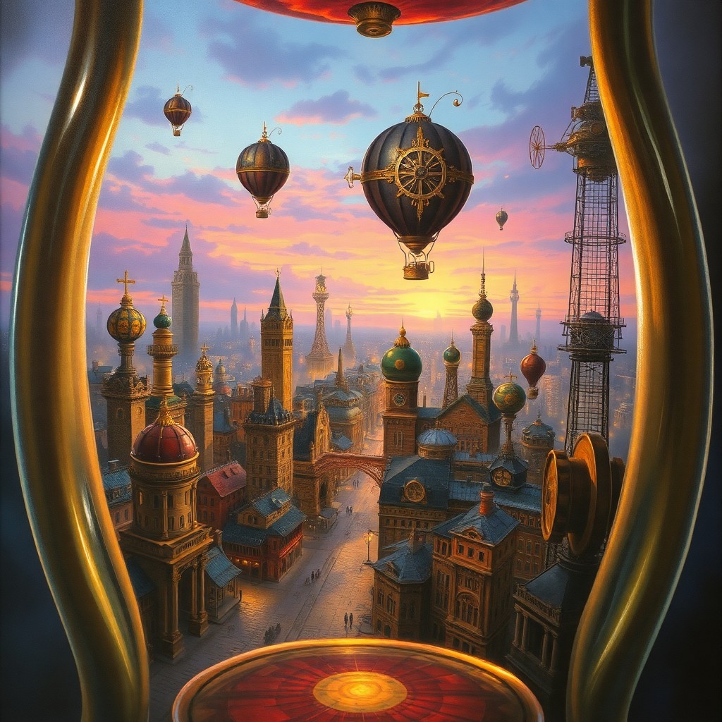 AI generated art for prompt: A mesmerizing oil painting captures a lively steampunk cityscape at twilight, observed from within a