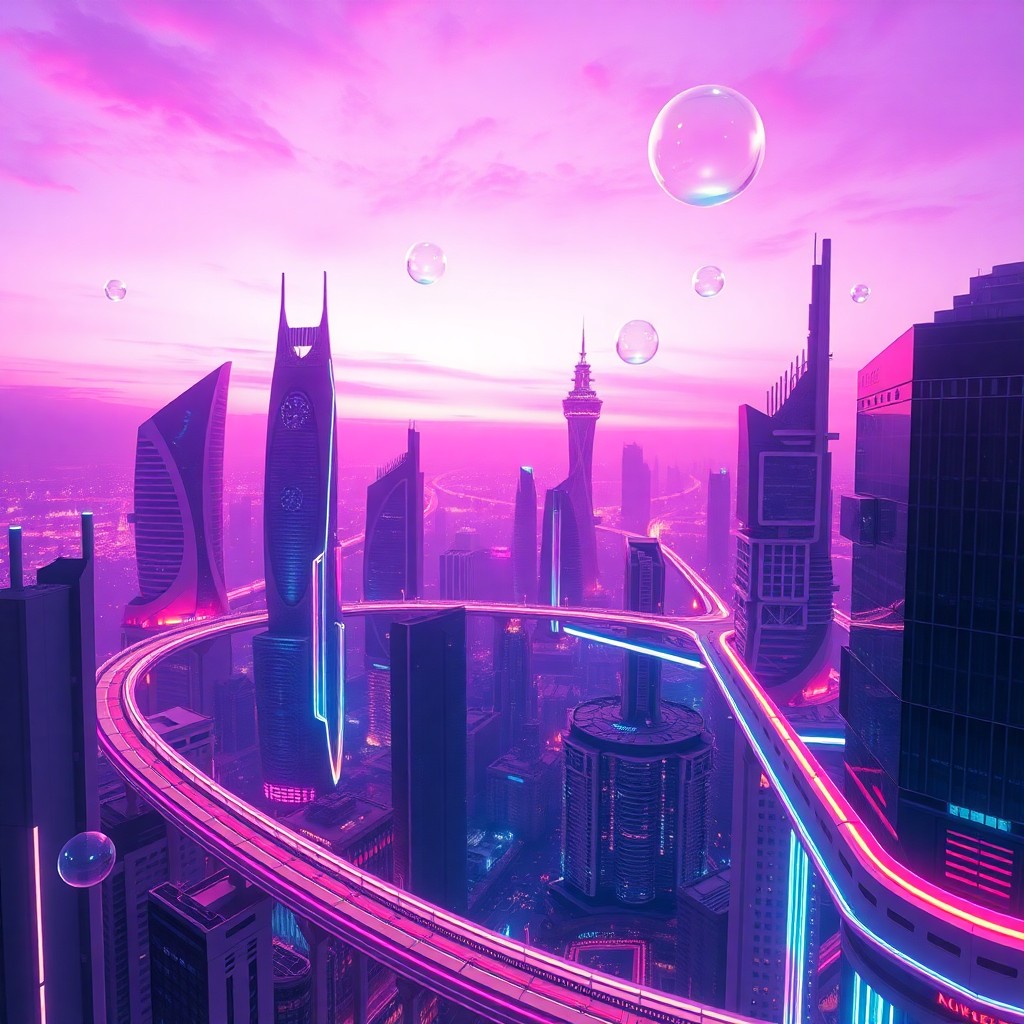 AI generated art for prompt: Imagine an awe-inspiring futuristic city at dusk, bathed in the warm glow of neon lights in rich sha