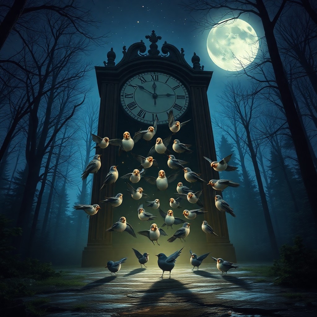 AI generated art for prompt: A dreamlike digital art scene portrays an oversized grandfather clock positioned in a mysterious, mo