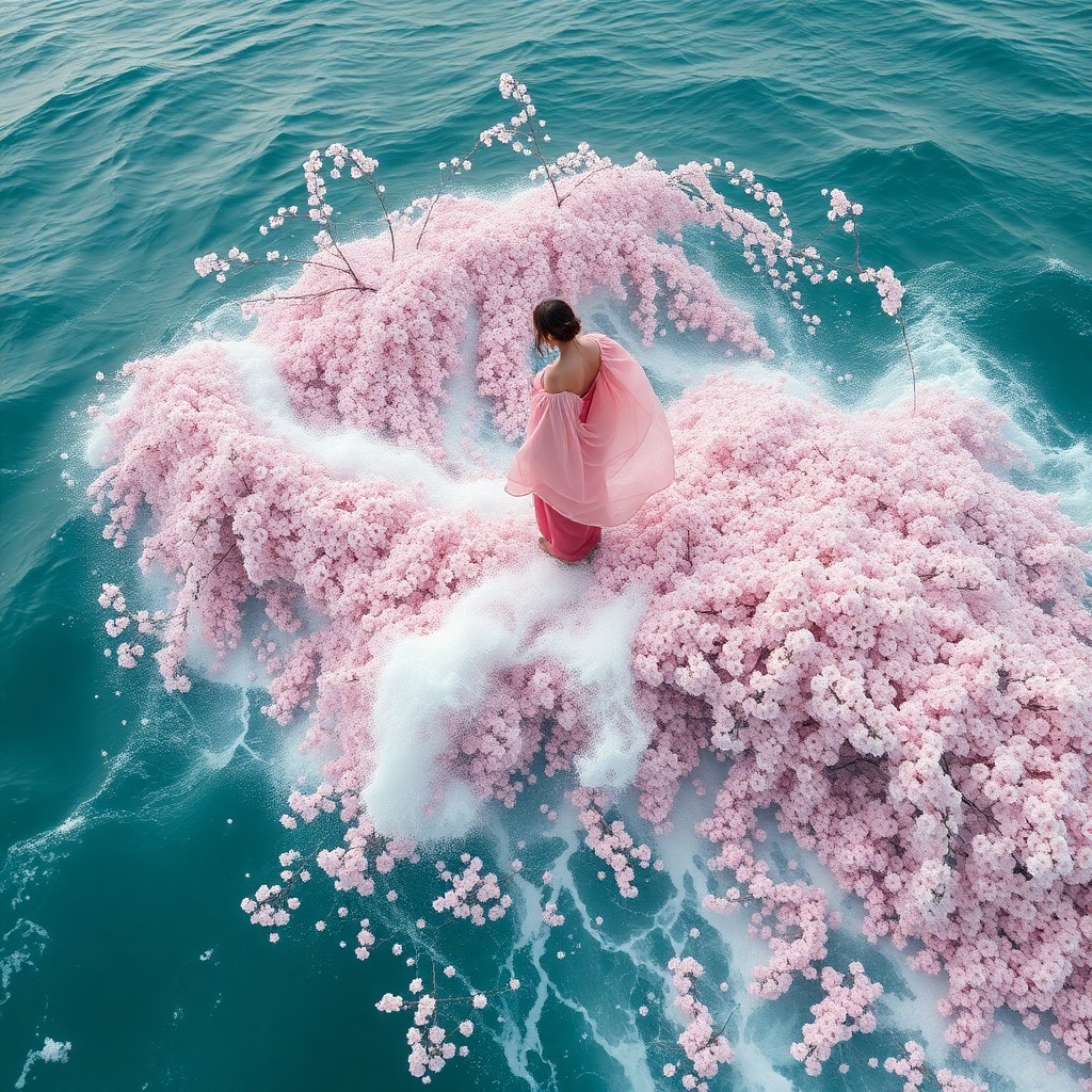 AI generated art for prompt: A surreal seascape unfolds, where an immense wave made of blooming cherry blossoms engulfs a serene 