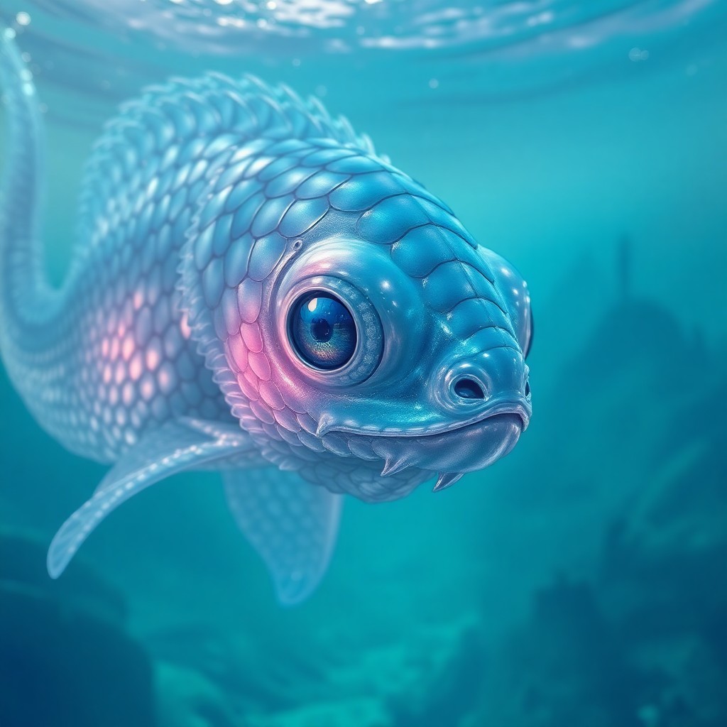 AI generated art for prompt: Craft an enchanting portrait of a spectral marine creature with translucent, iridescent scales, insp