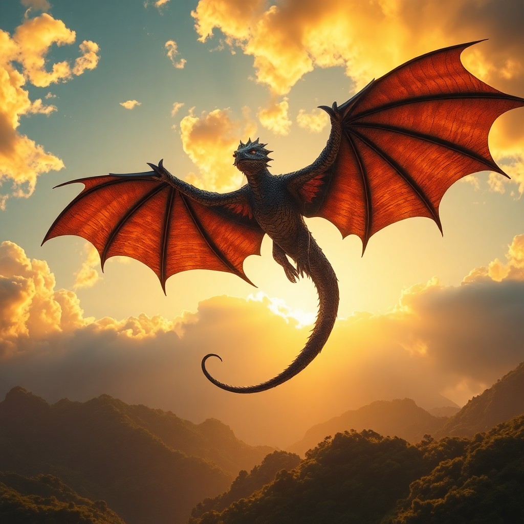 AI generated art for prompt: An awe-inspiring digital artwork showcases a majestic dragon soaring through a vibrant sunset sky, i