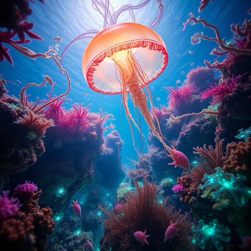 AI generated art for prompt: A dreamlike underwater seascape captures a whimsical perspective from a jellyfish's viewpoint, featu