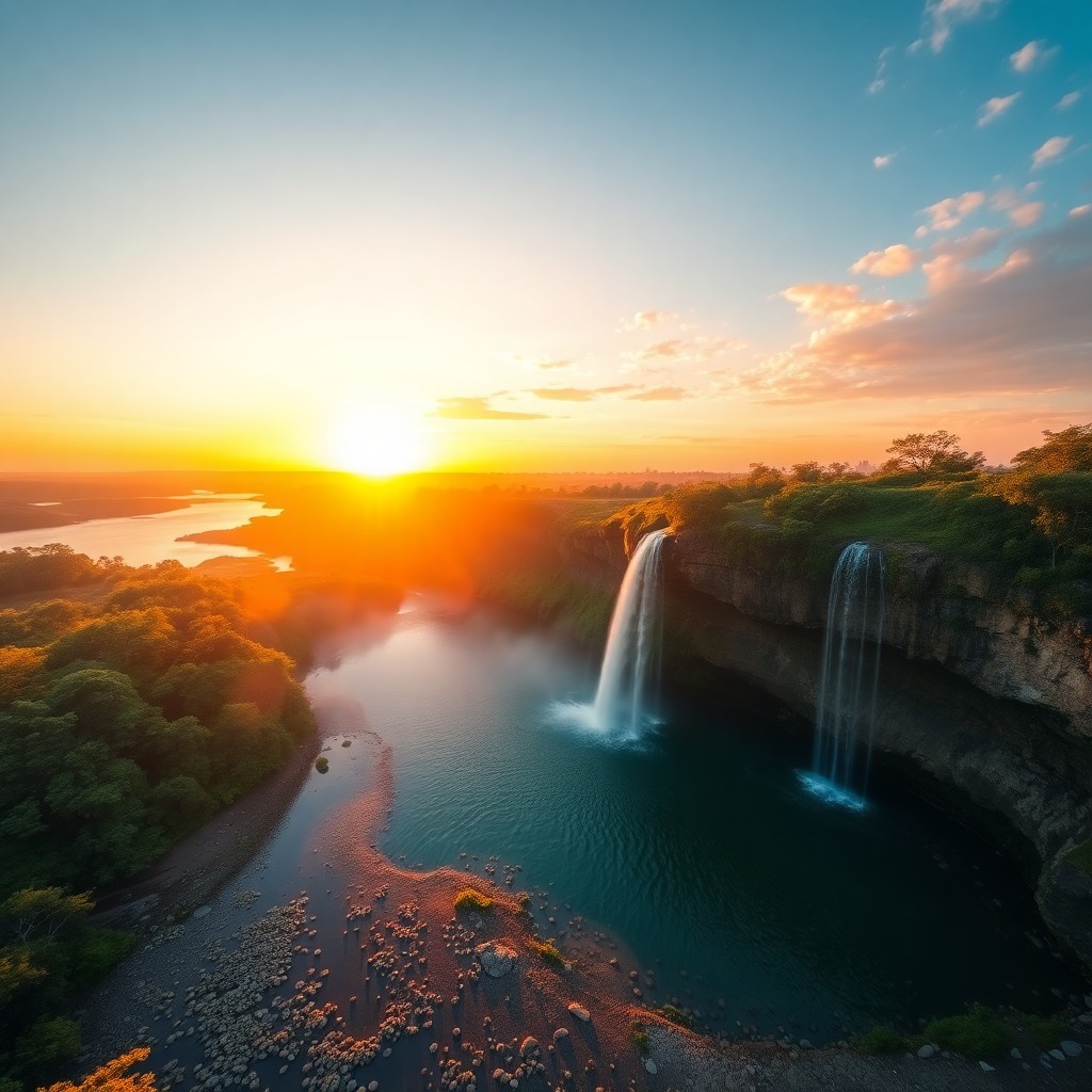 AI generated art for prompt: Envision a tranquil landscape during the golden hour, with an awe-inspiring waterfall gracefully cas