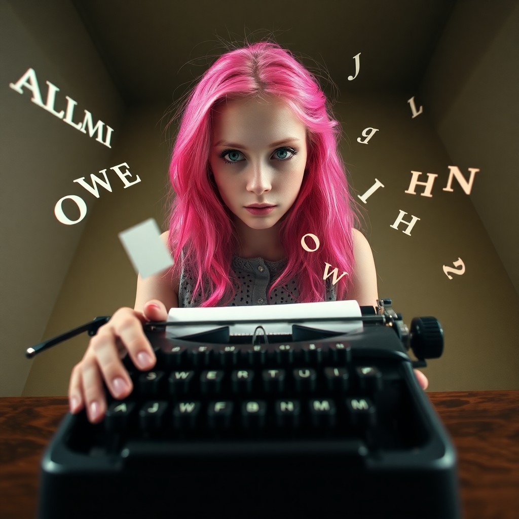 AI generated art for prompt: A surreal portrait captures a young woman with vibrant pink hair sitting at an antique typewriter. T