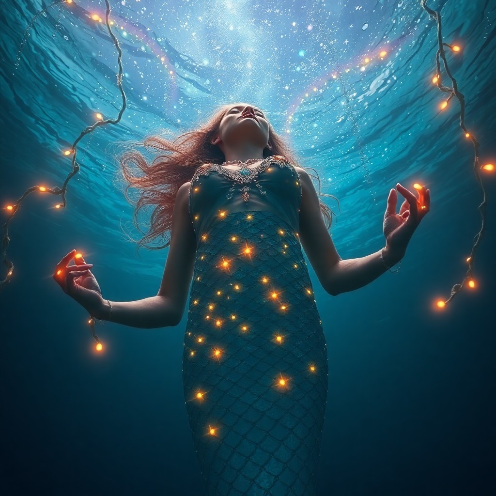 AI generated art for prompt: A celestial mermaid emerges from the depths of a cosmic ocean in an ethereal portrait, characterized