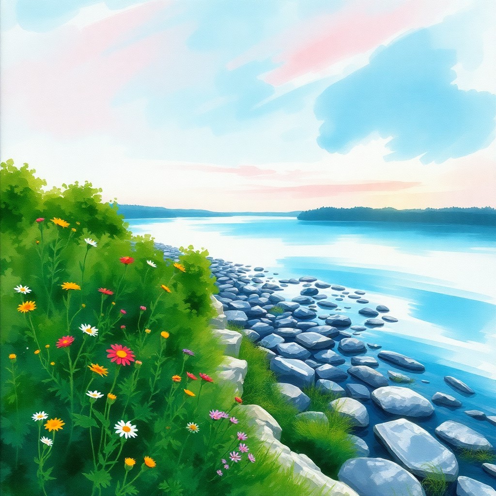 AI generated art for prompt: Imagine an enchanting watercolor landscape capturing a tranquil riverside scene from above, reminisc