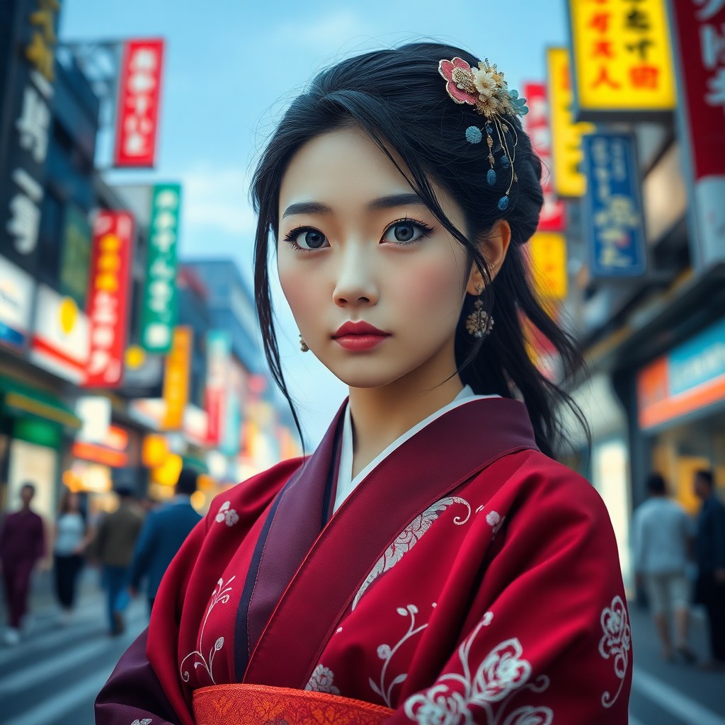 AI generated art for prompt: A mosaic portrait captures a serene enigmatic woman in traditional Japanese attire, her eyes reflect