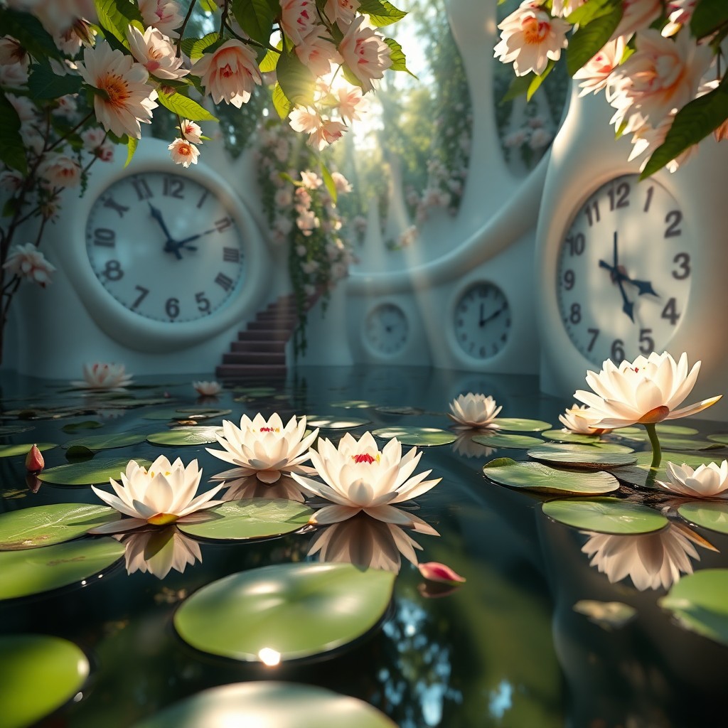 AI generated art for prompt: A captivating digital artwork blends the serene tranquility of a water lily pond with surreal elemen