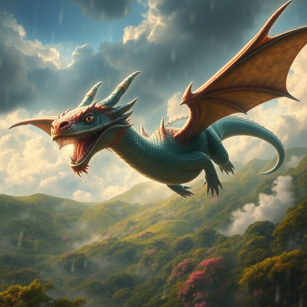 AI generated art for prompt: A digital art masterpiece captures an awe-inspiring dragon soaring through a tempestuous sky, remini