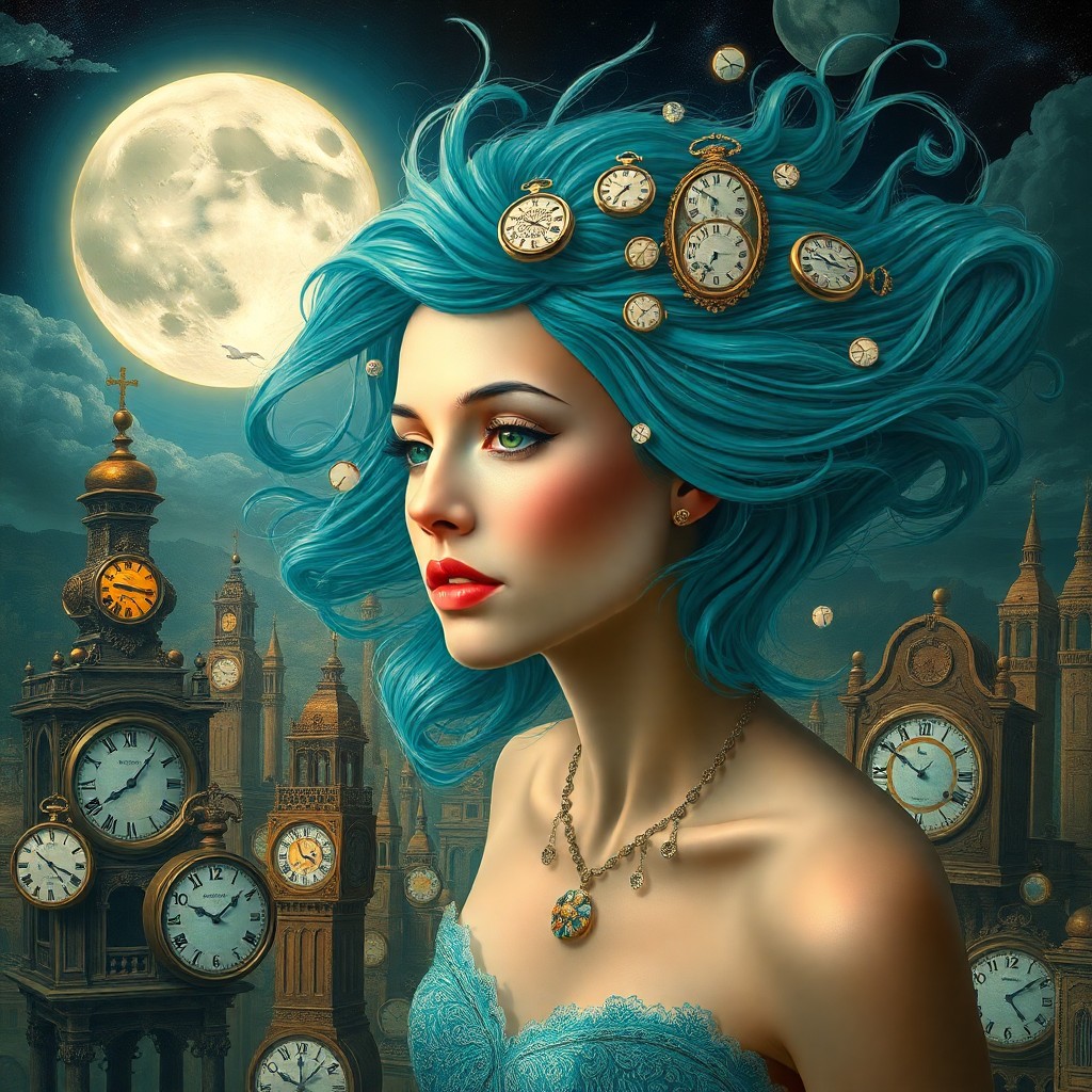 AI generated art for prompt: A surreal portrait depicting a woman with flowing turquoise hair adorned with miniature timepieces, 