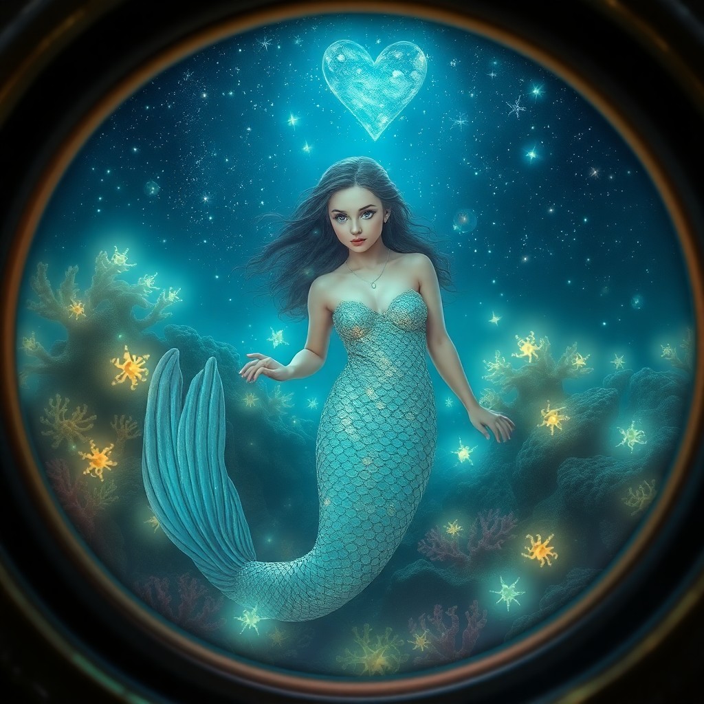 AI generated art for prompt: A celestial mermaid with shimmering scales captivates the viewer's attention as she emerges from an 