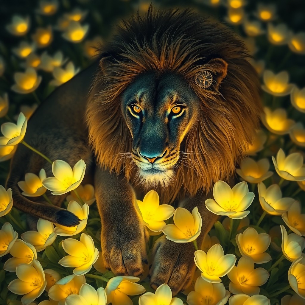 AI generated art for prompt: Imagine a surreal dreamscape where a regal lion with clockwork gears woven into its fur reclines on 