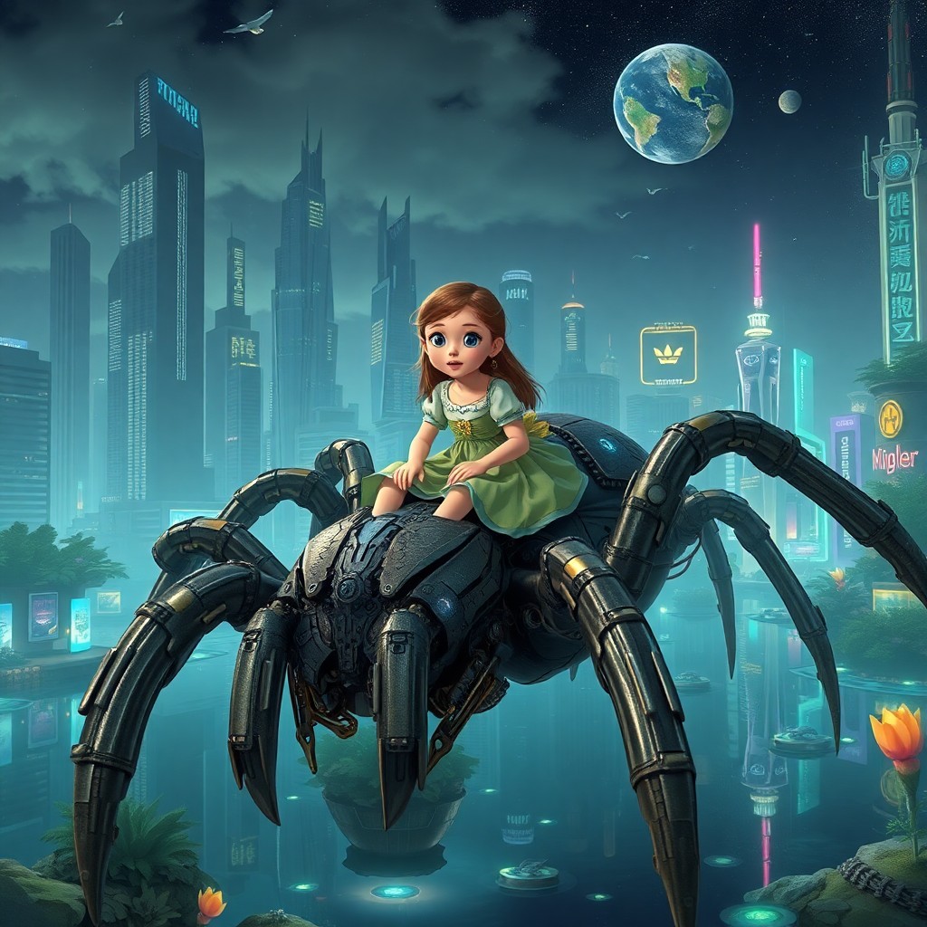 AI generated art for prompt: An image depicting a young girl with star-like eyes sitting on an enormous mechanical arachnid as it