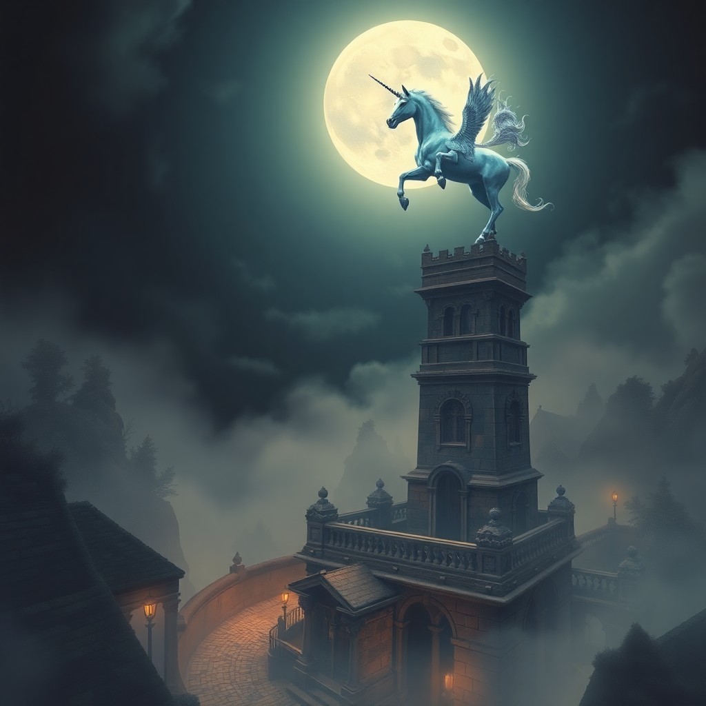 AI generated art for prompt: A surreal dreamlike scene features a majestic unicorn standing atop an elaborate tower in a misty, m