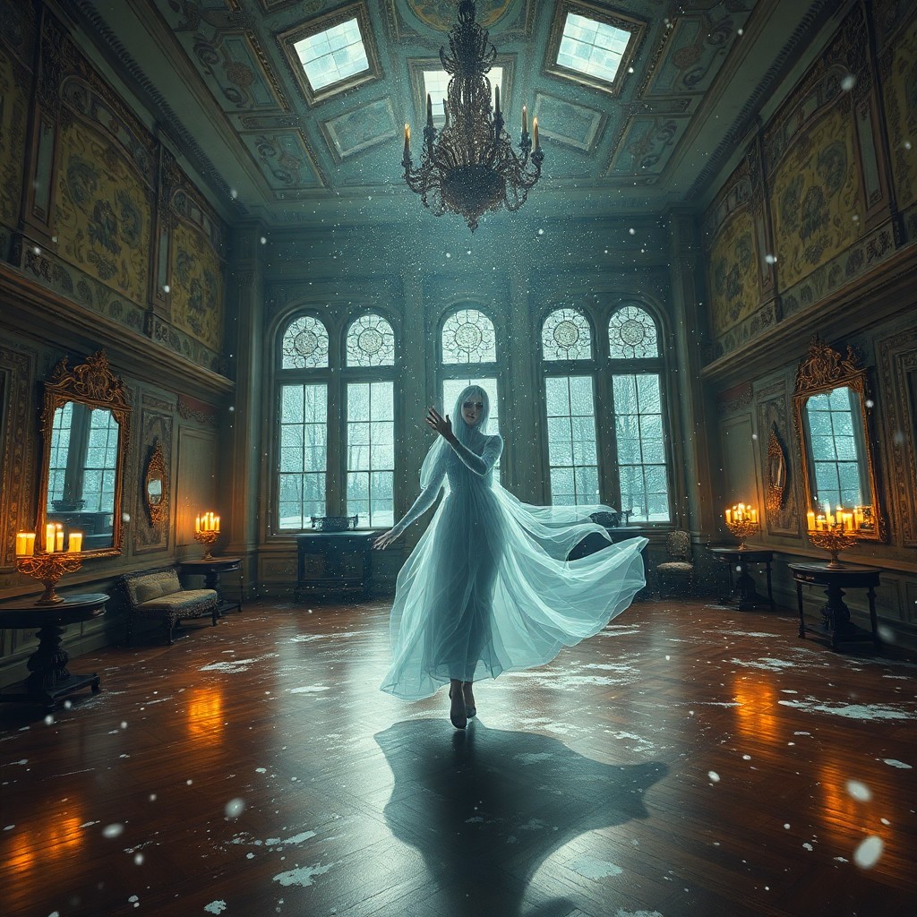 AI generated art for prompt: A mesmerizing digital artwork portraying an enigmatic spectral figure within a grand Victorian ballr