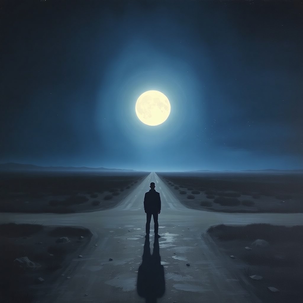 AI generated art for prompt: A mesmerizing oil painting captures the essence of solitude in a moonlit landscape, reminiscent of t