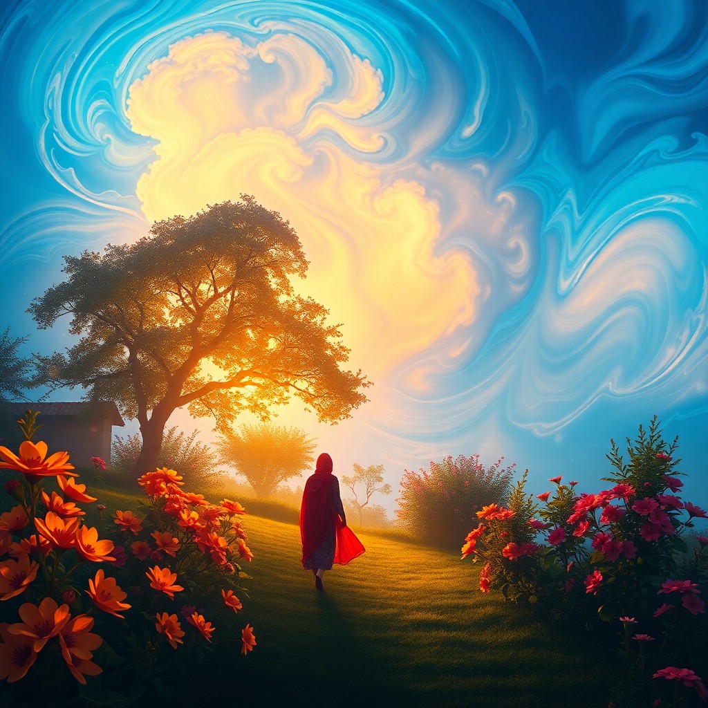 AI generated art for prompt: A captivating fusion of swirling skies and meticulous realism, this digital artwork depicts a tranqu