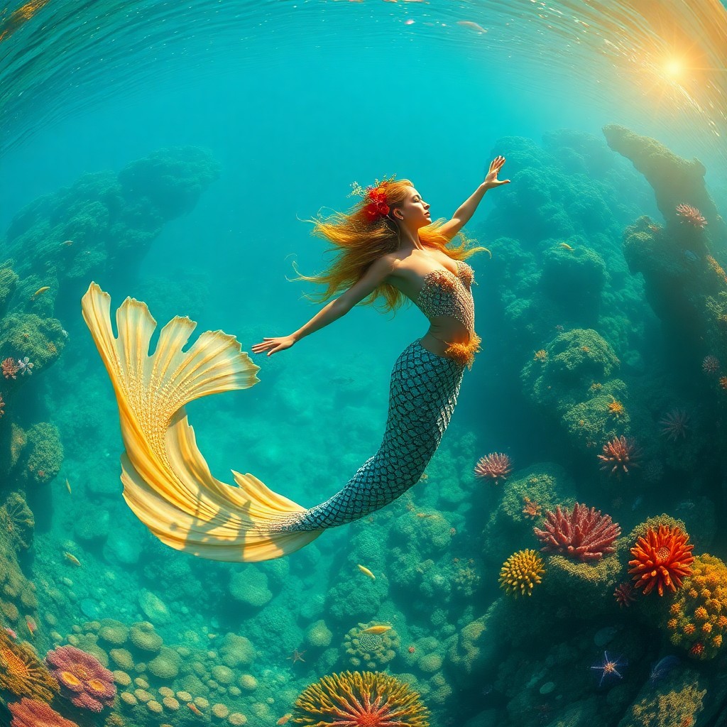 AI generated art for prompt: Imagine an enchanting underwater world where a graceful mermaid, adorned with vibrant seashells and 