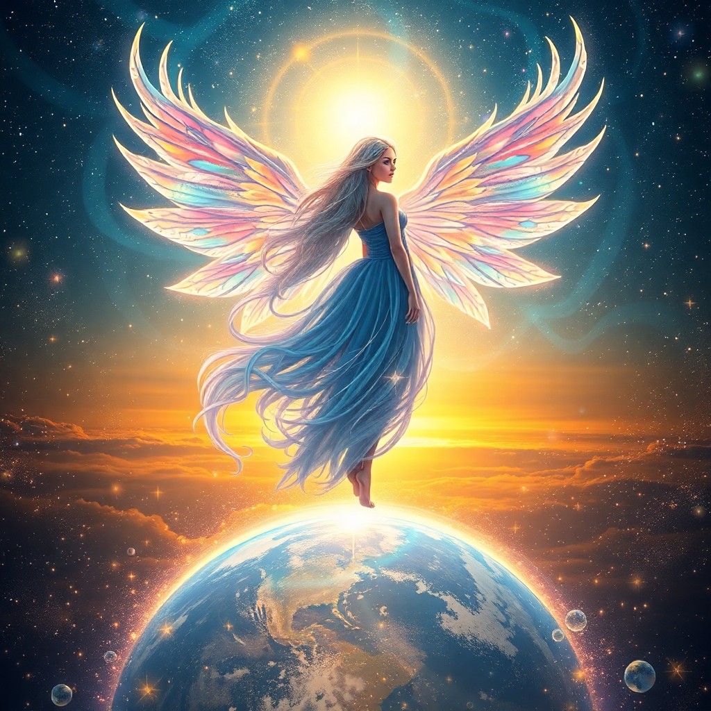 AI generated art for prompt: An exquisite digital artwork captures a celestial enchantress standing atop a mesmerizing vortex of 