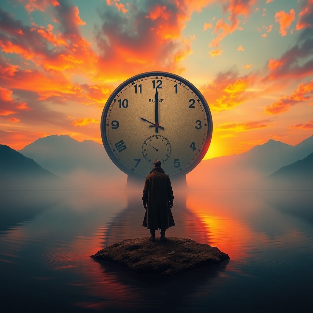 AI generated art for prompt: A dreamlike landscape depicting an immense clock face emerging from a tranquil lake, flanked by mist