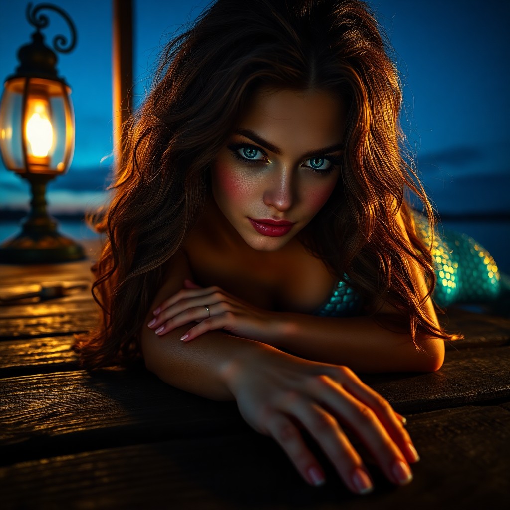 AI generated art for prompt: A mesmerizing portrait in the style of chiaroscuro lighting showcases an alluring mermaid with rich,