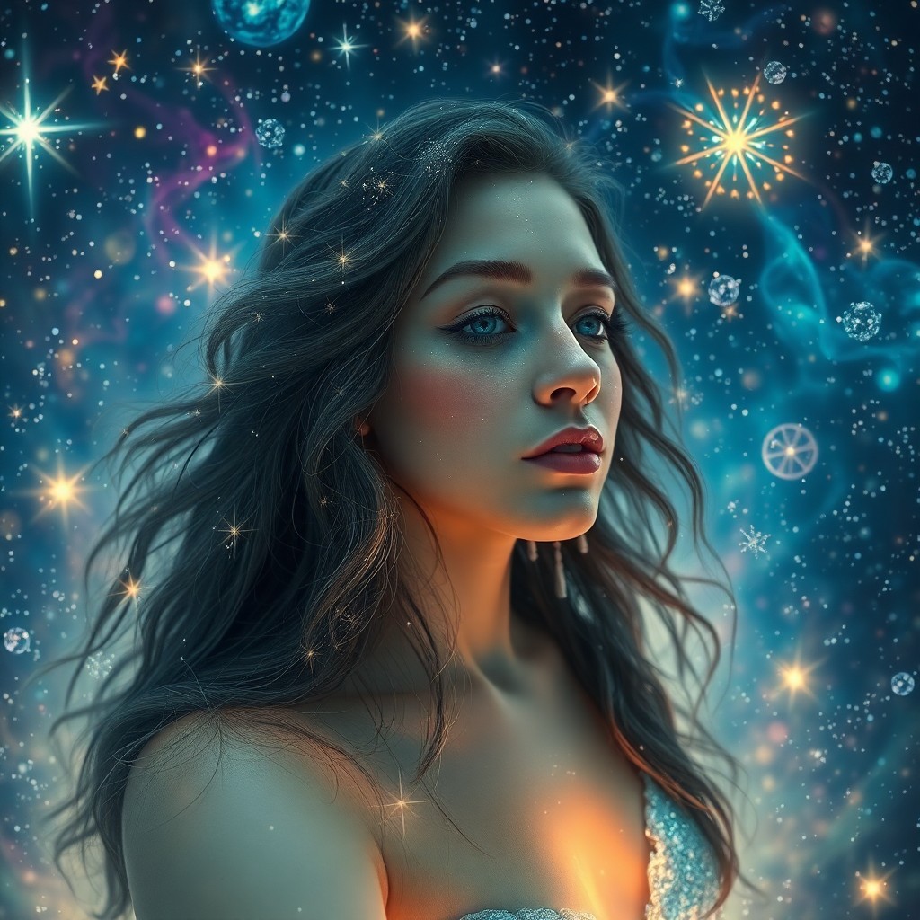 AI generated art for prompt: A dreamlike portrait in surrealistic style captures a celestial being amidst floating galaxies and n