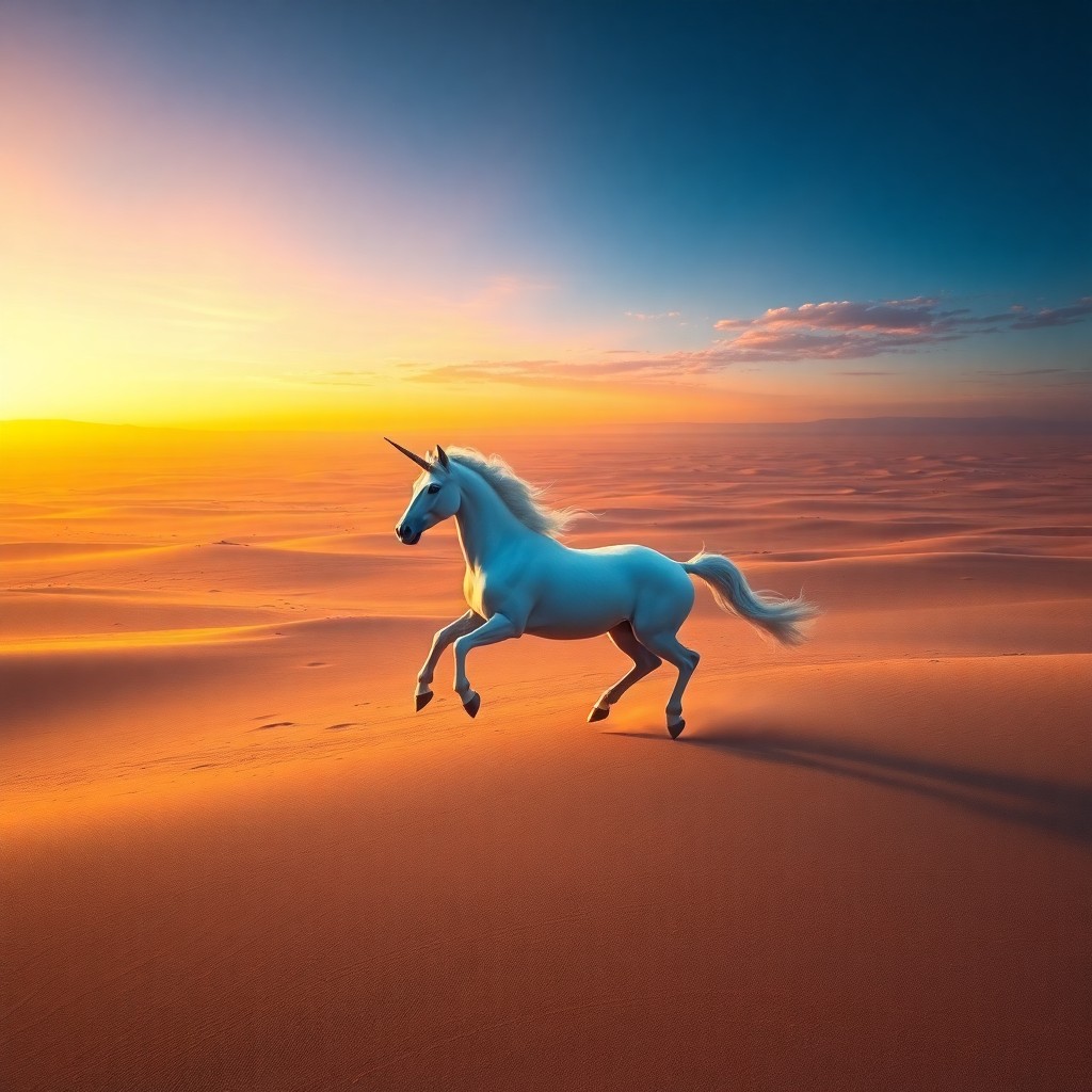 AI generated art for prompt: A dreamlike landscape featuring a majestic unicorn galloping across an expansive desert at dusk, as 