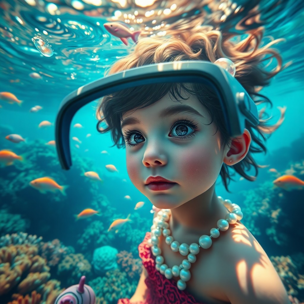 AI generated art for prompt: A whimsical underwater scene from a child's perspective, rendered in surreal digital art, depicts a 