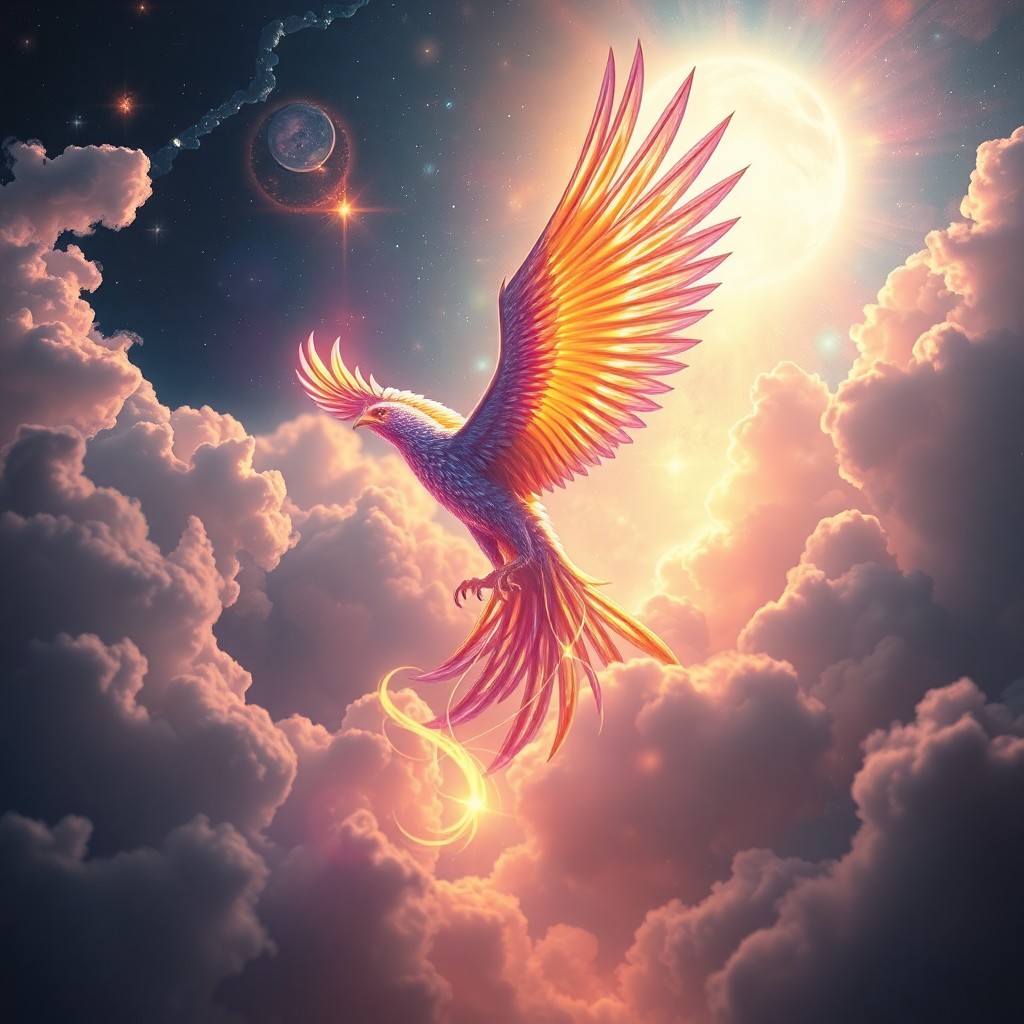 AI generated art for prompt: A celestial phoenix with iridescent plumage soars through a nebula-like dreamscape in this digital a