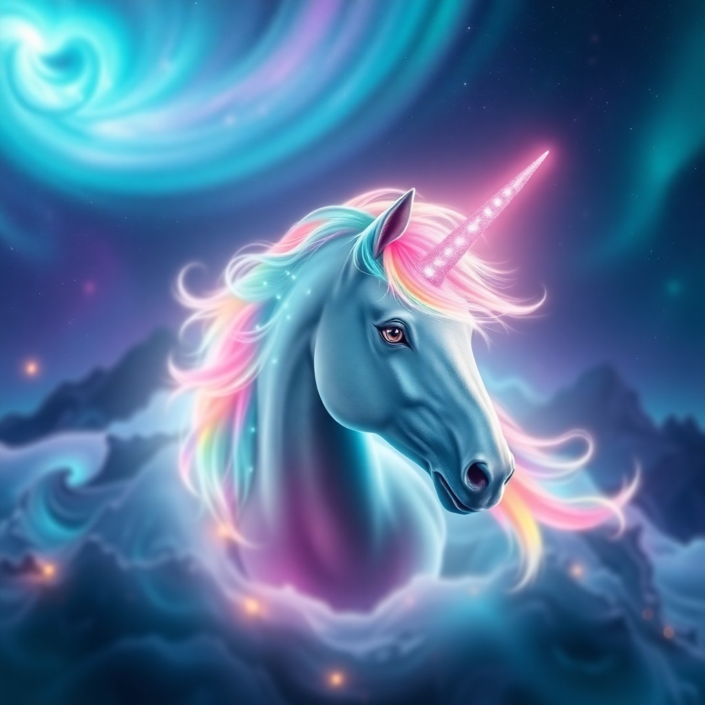 AI generated art for prompt: A whimsical digital art portrait showcasing an awe-inspiring unicorn emerging from a captivating aur