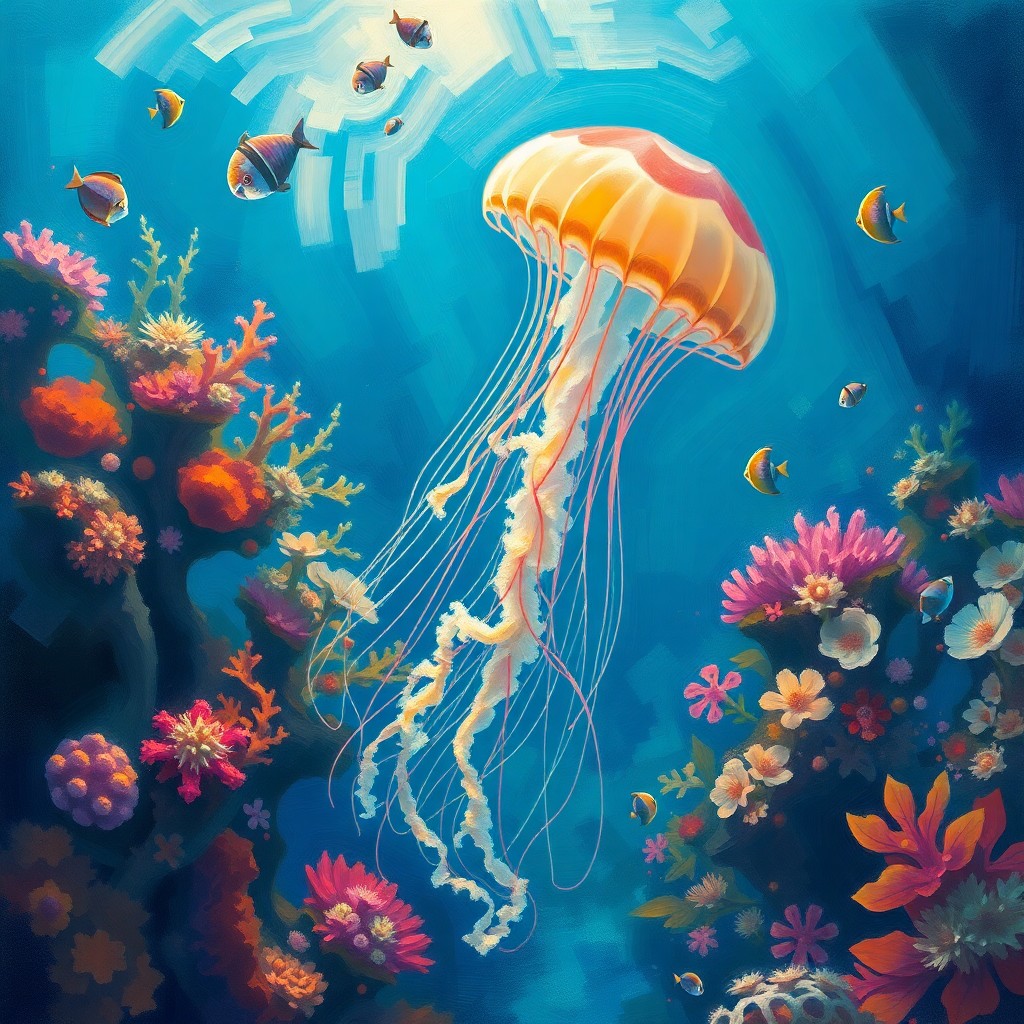 AI generated art for prompt: Craft an image characterized by vivid impressionist brushstrokes, portraying a surreal underwater la