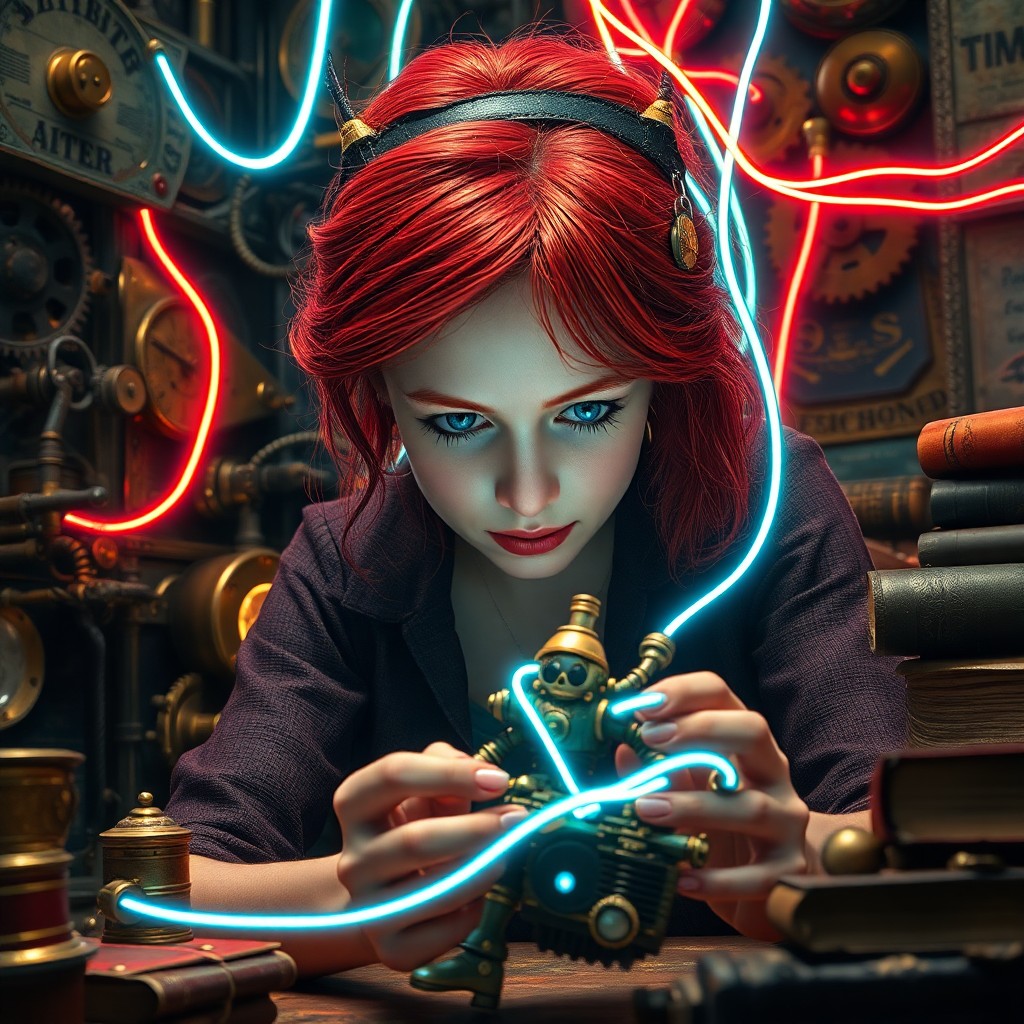 AI generated art for prompt: A captivating steampunk-inspired digital artwork depicting an inventive young woman with vibrant red