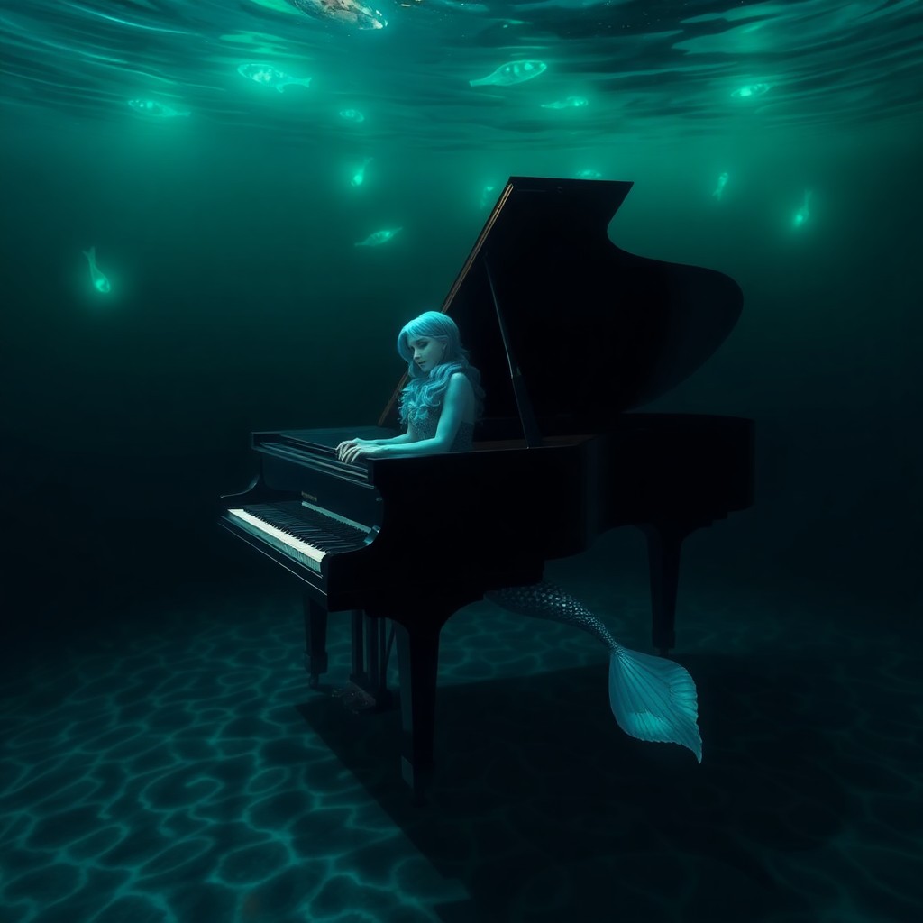 AI generated art for prompt: A dreamlike underwater scene captures a grand piano submerged in an eerie sunken room, with only its