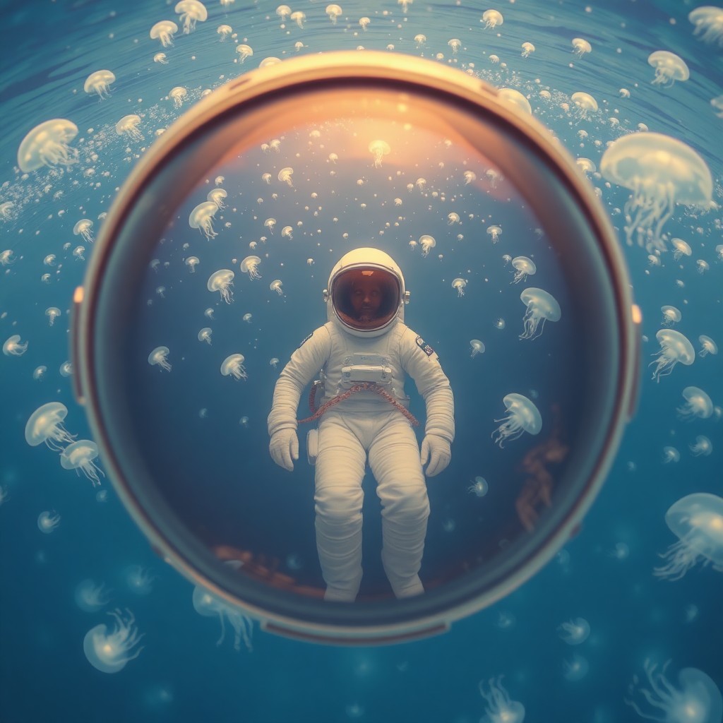 AI generated art for prompt: A surreal image portraying an astronaut adrift in a vast, azure ocean teeming with bioluminescent cr