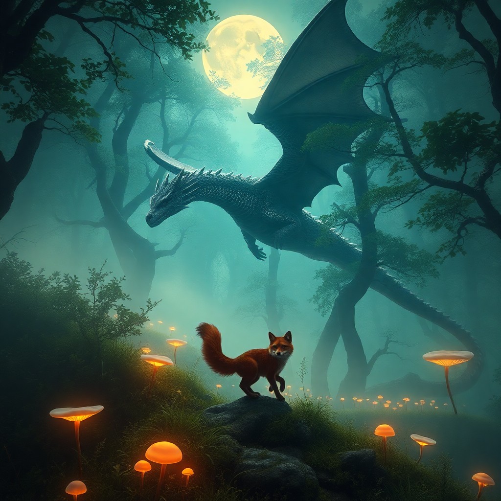 AI generated art for prompt: In the enchanting style reminiscent of cinematic epics, depict a magnificent dragon gliding through 