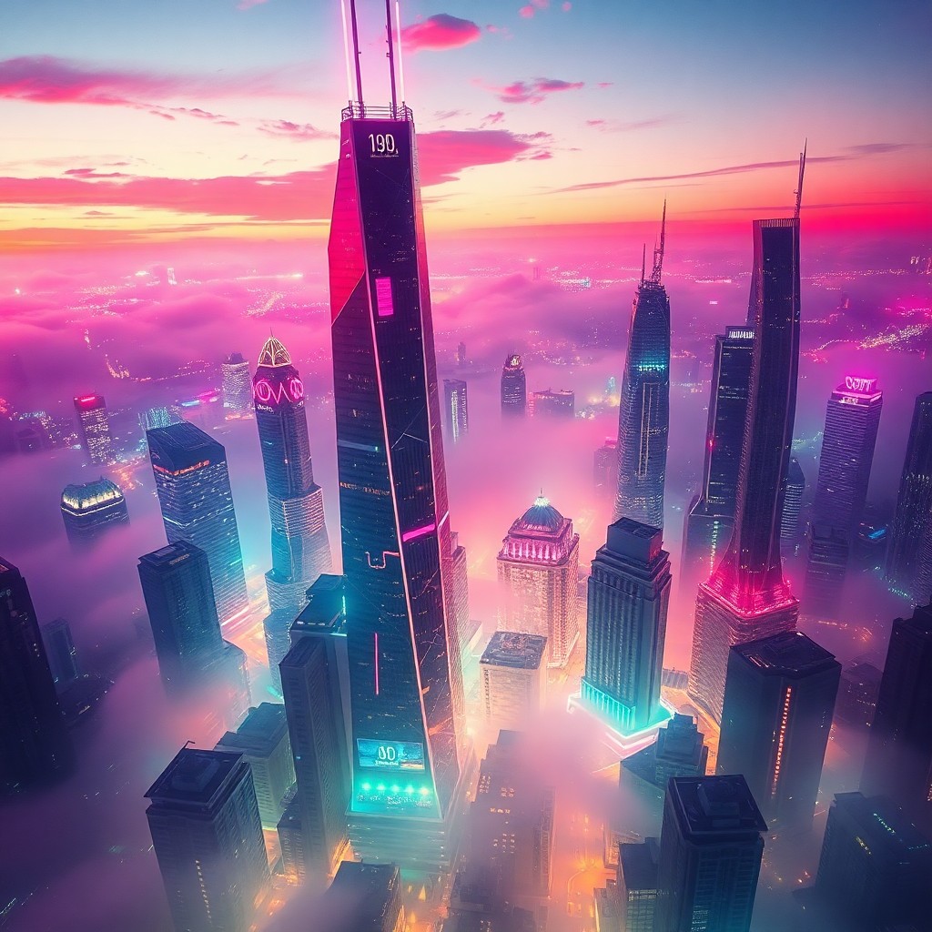 AI generated art for prompt: Envision a surreal dreamscape where an avant-garde cityscape with colossal skyscrapers and luminesce