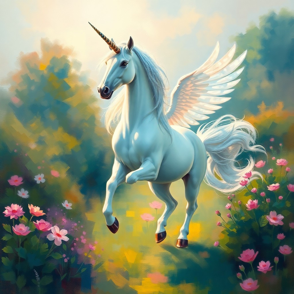 AI generated art for prompt: A fantastical portrait captures a regal unicorn gracefully prancing amidst an enchanting garden, ren