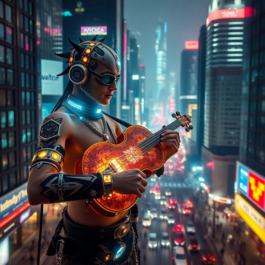 AI generated art for prompt: A captivating cyberpunk street musician, adorned with glowing mechanized trinkets and intricate body