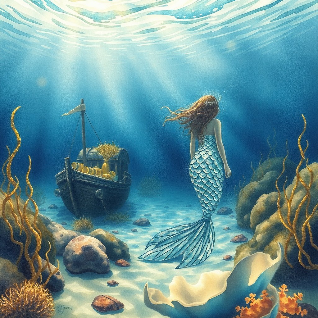 AI generated art for prompt: An underwater scene in an intricate watercolor style, depicting a mysterious mermaid princess with s