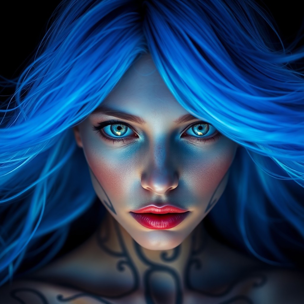 AI generated art for prompt: A mesmerizing digital portrait captures the enigmatic gaze of a woman with electric blue hair flowin